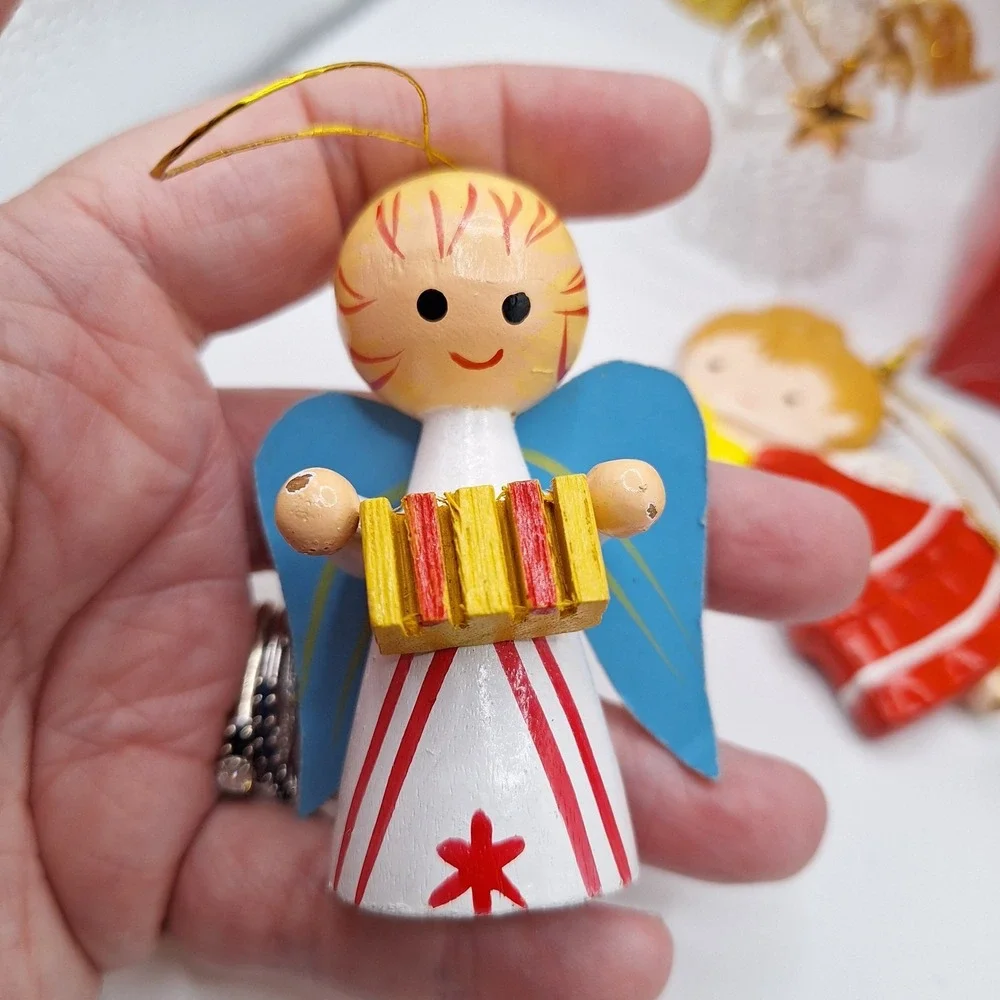 Lot of 5‎ Angel Theme Christmas Ornaments Vintage Wax Wood & Glass